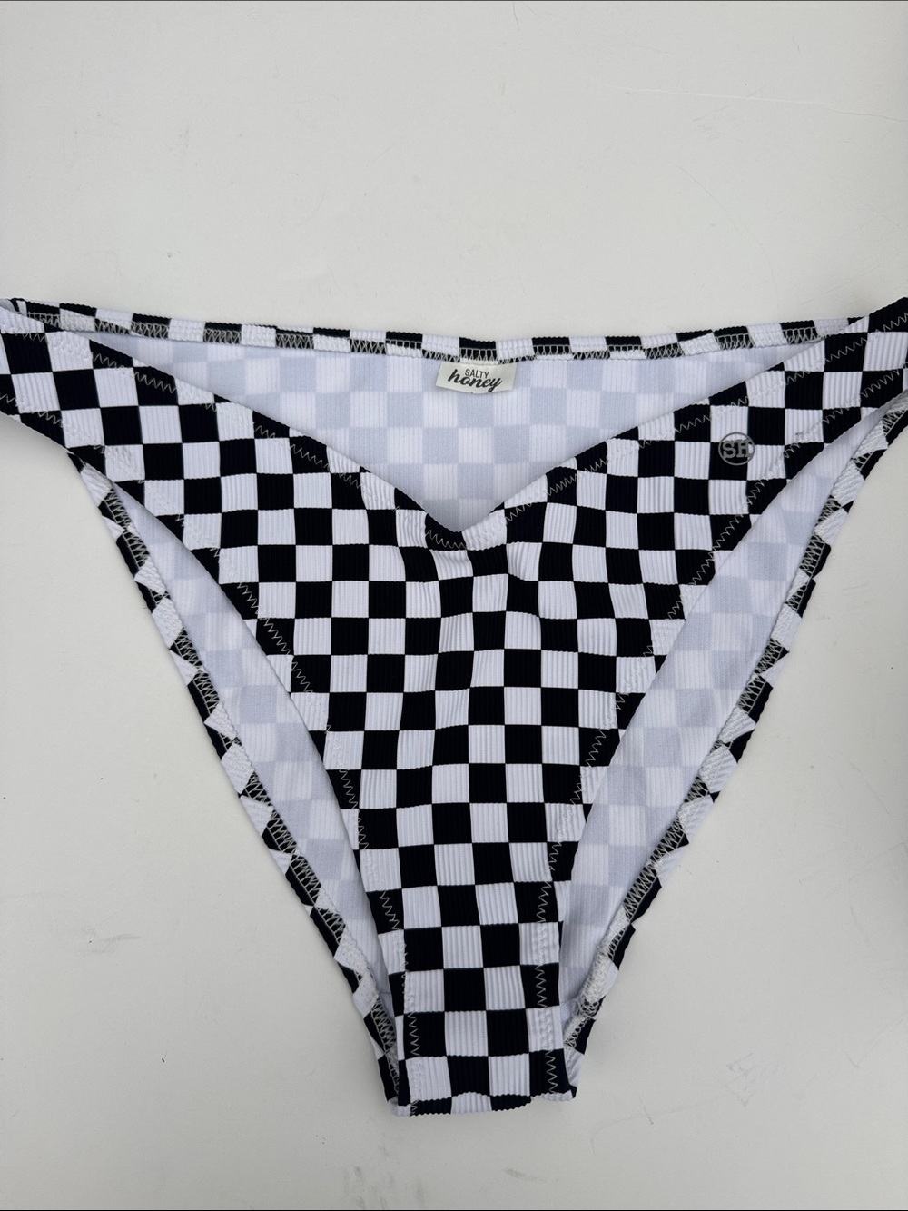 Salty Honey Black & White Checkered High-Cut Bikini Bottom no tags
